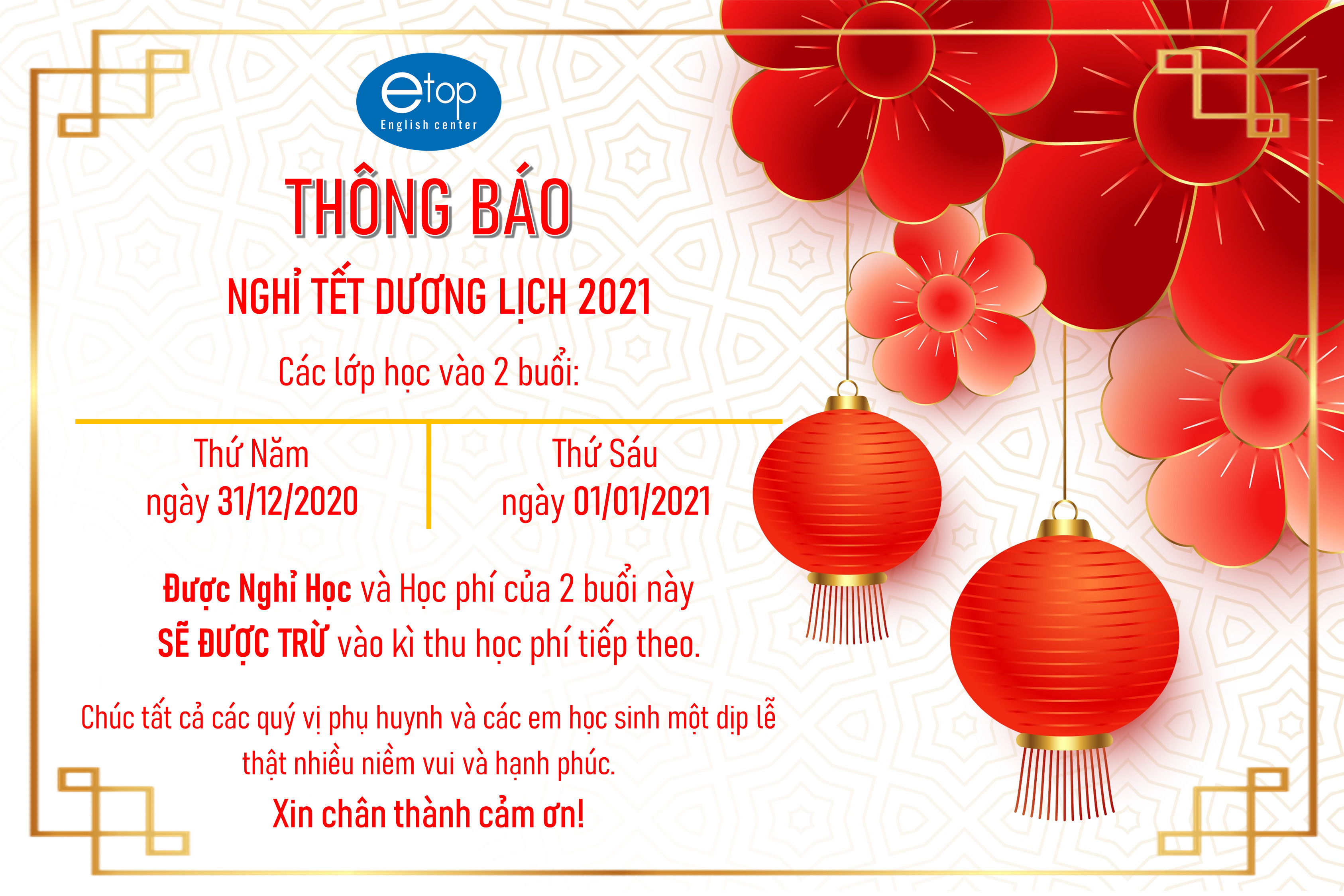 THÔNG BÁO NGHỈ TẾT DƯƠNG LỊCH 2021